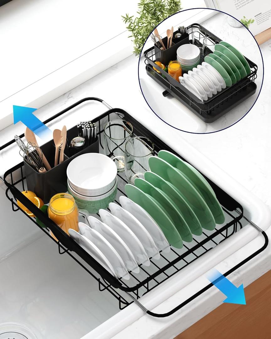 Kitsure Dish Drying Rack for Kitchen Counter, Stainless Steel Sink Organization and Storage Essentials with Cutlery Holder, Home and Apartment Decor, 12.2''W x 15.7''~23''L, Black