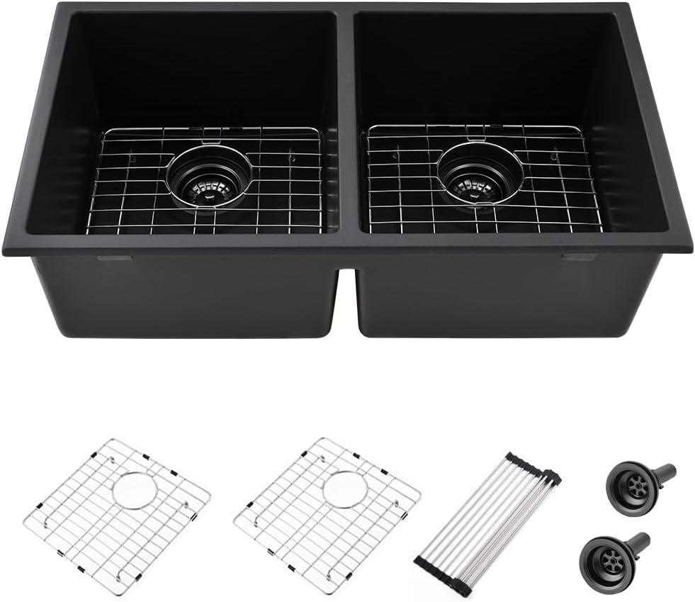 32 Inch Black Kitchen Sink Undermount-iAnomla 32x18 Black Quartz Undermount Kitchen Sink Double Bowl 50/50 Composite Deep Double Under Mount Sinks with Accessories