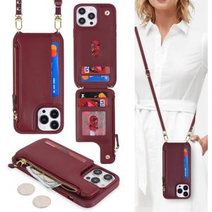 Cavor for iPhone 14 Pro Max Wallet Case with Card Holder for Women,for iPhone 14 Pro Max Case with Strap,Crossbody and Wristlet Zipper Pocket Phone Cover-Wine red