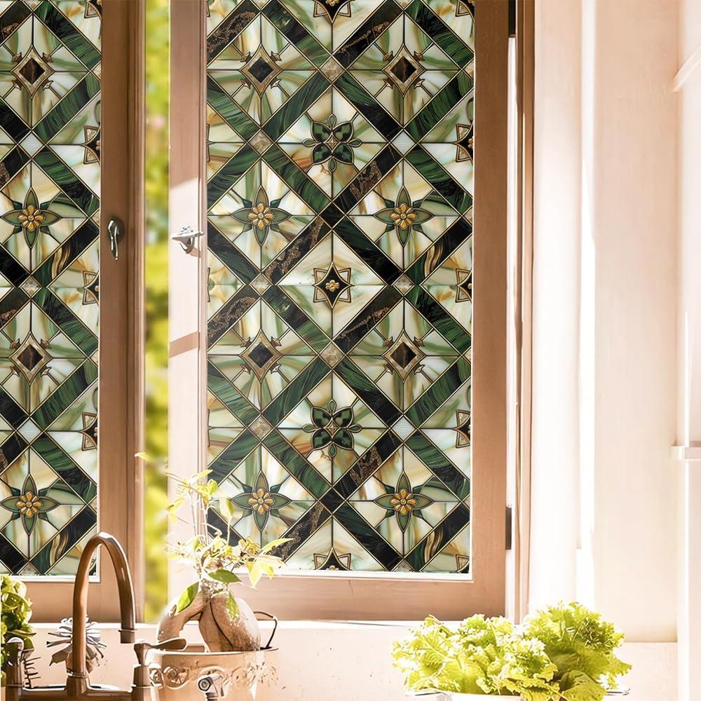 Boho Golden Vintage Geometric Dark Green Ethnic Stained Glass Window Films Decorative Double Side Privacy Film Self Adhesive Static Glass Window Clings for Living Room Bathroom Glass Windows Decor