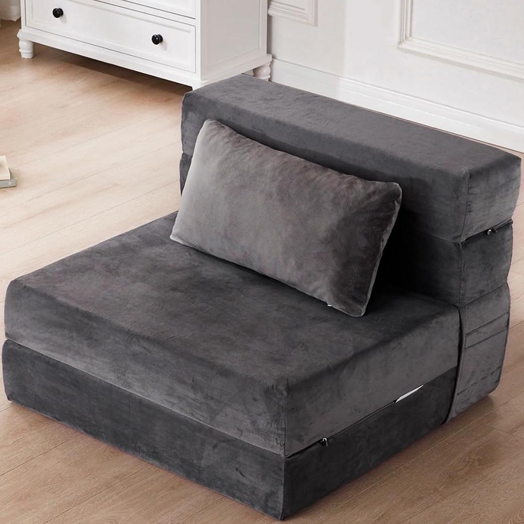 SINWEEK 6 Inch Folding Sofa Bed Memory Foam Folding Mattress Topper with a Pillow and Storage Bag Fold Out Chair Bed Foldable 4-Piece Sleeper Couch with Machine Washable Cover 75 x 38 Twin Size