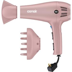 Conair Hair Dryer with Retractable Cord, 1875W Blow Dryer, 3 Heat Settings, 2 Speeds, Blow Dryer with Diffuser and Concentrator Attachments, Ionic + Tourmaline Technology, Matte Light Pink