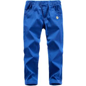 Boys Solid Color Elastic Waist Cotton Uniform Pants with Embroidery for Kids School & Play (Blue)