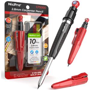 Nicpro CP5000 Magnetic Carpenter Pencils with Sharpener, 2.8mm Construction Pencil+10 Refill, Deep Hole Marking Pencils, Woodworking Pencil with Magnetic Pickup Tool, Carpenter Tools for Architect-Red