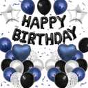 Navy Blue and Black Birthday Decorations for Men, Blue Black White Balloons Happy Birthdays Balloon Banner Silver Confetti Balloons for Men Boy Girls Women Adults Birthday Party Decorations