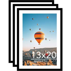 JCJMY 13x20 Picture Frame with 11x17 Mat Set of 3, Display Photo 11x17 with Mat or 13 x 20 Without Mat, Wall Hanging Large 13 by 20 Poster Frame with Plexiglass, 3 Pack, Black