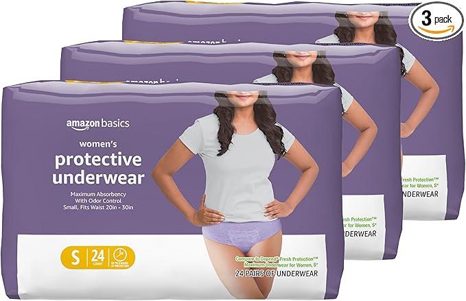 Basics Incontinence Underwear for Women, Protective, Disposable, Postpartum, Maximum Absorbency, Small, Lavender, 72 Count (3 Packs of 24)