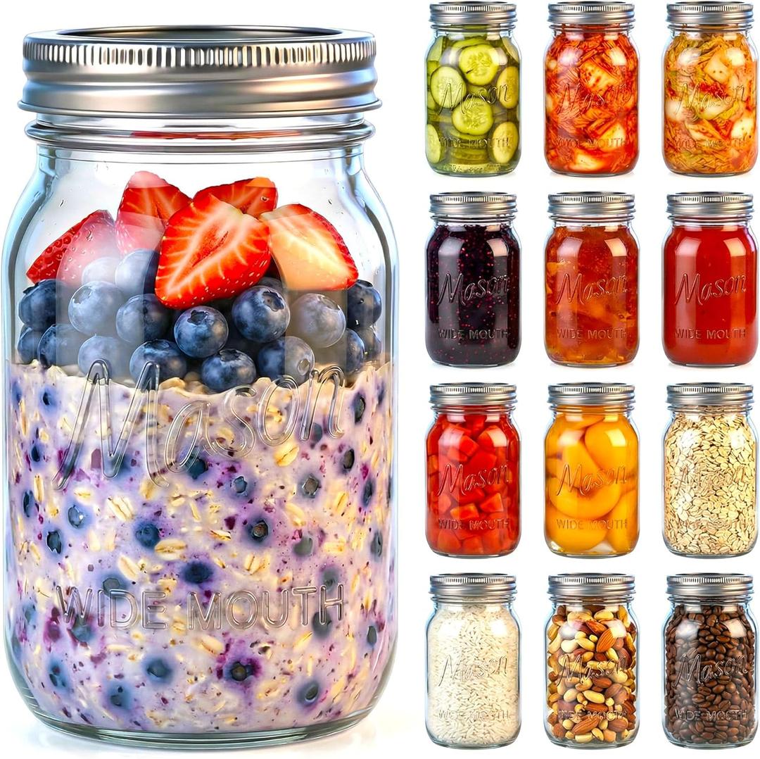 12 Pack 32 OZ Glass Food Storage Jars with Separable Airtight Lids, Wide Mouth Mason Jars for Pickling, Fermentation, Canning, Microwave & Dishwasher Safe
