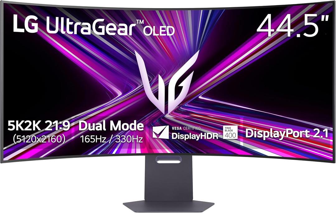 LG 45GX950A-B 45-inch Ultragear 5K2K WUHD (5120 x 2160) OLED Curved Gaming Monitor, Dual-Mode, 165Hz, 0.03ms, NVIDIA G-Sync, AMD FreeSync Premium Pro, HDR True Black 400, USB Type-C 90W, DP2.1, Black