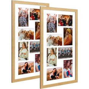 11.8x21.8 Collage Frame with 8 Openings 4X6 Pictures, Multiple Picture Frame with Mat, Wall or Tabletop Decor, Natural Wood Grain,2 Pack