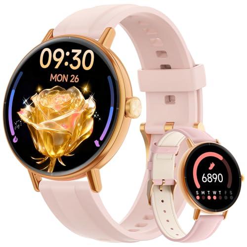 Yoever Smart Watches for Women,1.27" HD Fitness Tracker Answer/Make Call, Heart Rate/Sleep/SpO2，Round Smart Watch for iPhone/Samsung/Android,IP68 Waterproof，110+ Sport Mode-Pink(2 Bands)