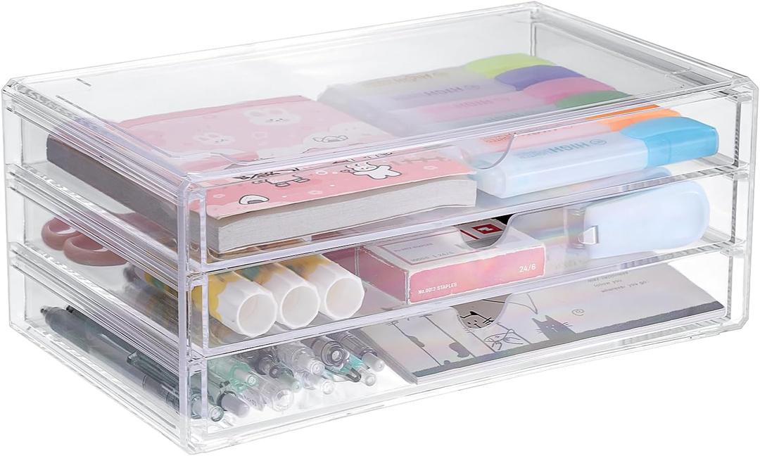 BTSKY Clear Acrylic Drawer Organizer, Stackable Storage Container with 3 Wide Drawers, Desk Organizer for Stationery Study Essentials Makeup Jewelry, Multipurpose Storage Box for Office and Home
