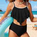 AMAWMW Girls Swimsuit 2 Piece Bikini Set Tiered Ruffled Bathing Suit Two Piece Girls' Swimwear with Adjustable Straps, Size 13-14Y (Black)