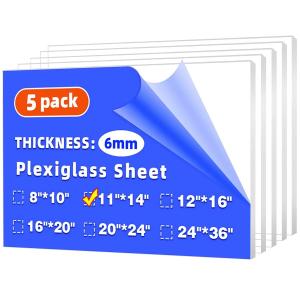 (5 Pack) 11" x 14" Plexiglass Sheets 1/4 inch Thick (6mm), Clear Acrylic Sheets Panel Cut to Size Plexiglass Acrylic Board, Cut with Engraver, Power Saw or Hand Tools, No Laser Cut.