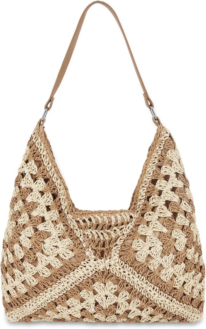 Straw Hobo Beach Bag for Women, Woven Tote Bag Summer Crochet Shoulder Bag,Vintage Foldable Handbag for Travel (Adjustable, Khaki)