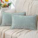 decorUhome Chenille Soft Throw Pillow Covers 12x20 Set of 2, Lumbar Velvet Farmhouse Neutral Decorative Pillow Covers with Stitched Edge for Couch Sofa Bed Home Decor, Aqua Haze