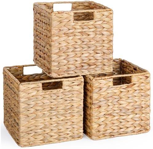 10.5x10.5 Water Hyacinth Storage Baskets, Collapsible Square Wicker Baskets Cube Storage Bins for IKEA Kallax, Set of 3