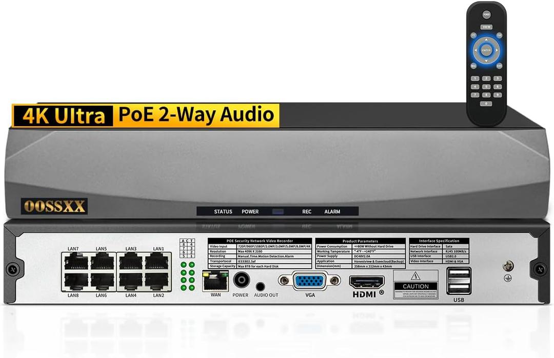 (2026 Update) 4K 8CH PoE NVR, 8-Port Network Video Recorder for IP Cameras, ONVIF Compatible (Manual Setup Required), Plug & Play, Free App Remote Access, 24/7 Recording, No HDD