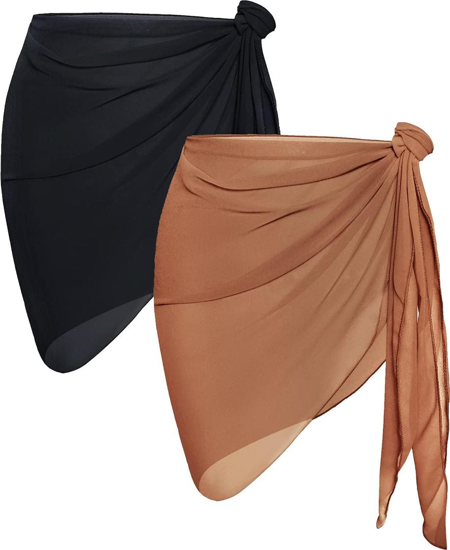 CHICGAL 2 Pieces Women Beach Sarong Bathing Suit Wrap Skirt Sheer Bikini Swimsuit Cover Ups for Swimwear (Black Brown)