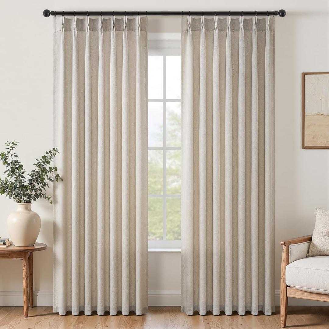Natural Beige Pleated 94 Inch Boho Curtains for Bedroom 2 Panels Set,Farmhouse Linen Sheer Nursery Curtain Light Filtering Privacy Pleat Heavy Window Drapes with Hooks Rings 40" W x 94" L Length
