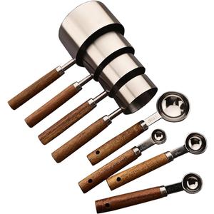 8 pieces Silvery Measuring Cups Set and Measuring Spoons Set with Scale, BRIIEC Wooden Handle Stainless Steel Dry & Liquid Measuring Cup for Cooking Baking