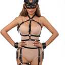 Women's Gothic Faux Leather Harness Set with Cat Mask & Cuffs - Thigh Belt Bondage Outfit for Halloween, Mardi Gras Carnival & Valentine's Cosplay Gift
