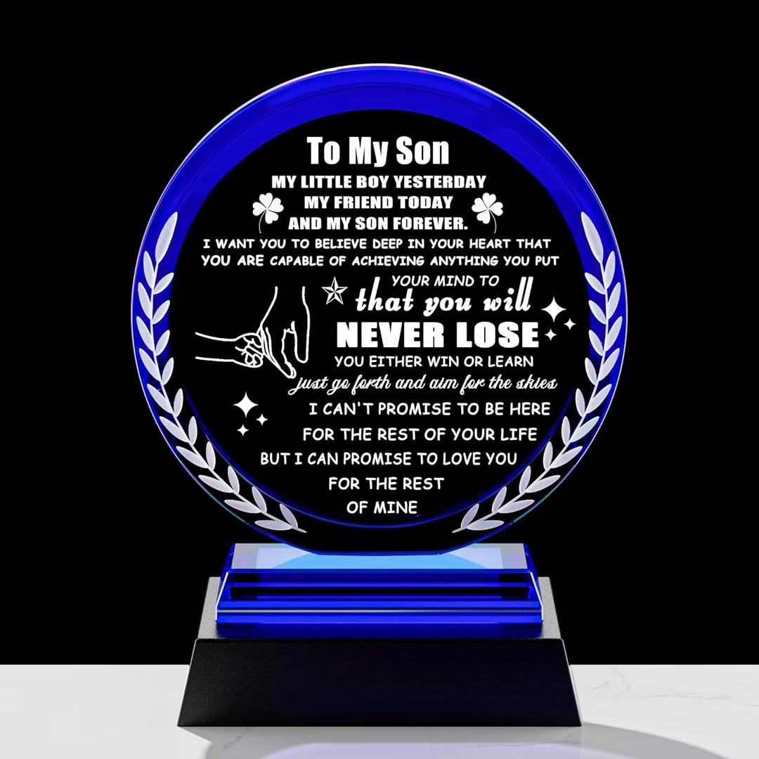 Son Gifts from Mom Dad To My Son Gifts Crystal Plaque Keepsakes with Colorful Base Meaningful Crystal Gifts for Adult Son Birthday Fathers Day Christmas Graduation Wedding Gifts for Son