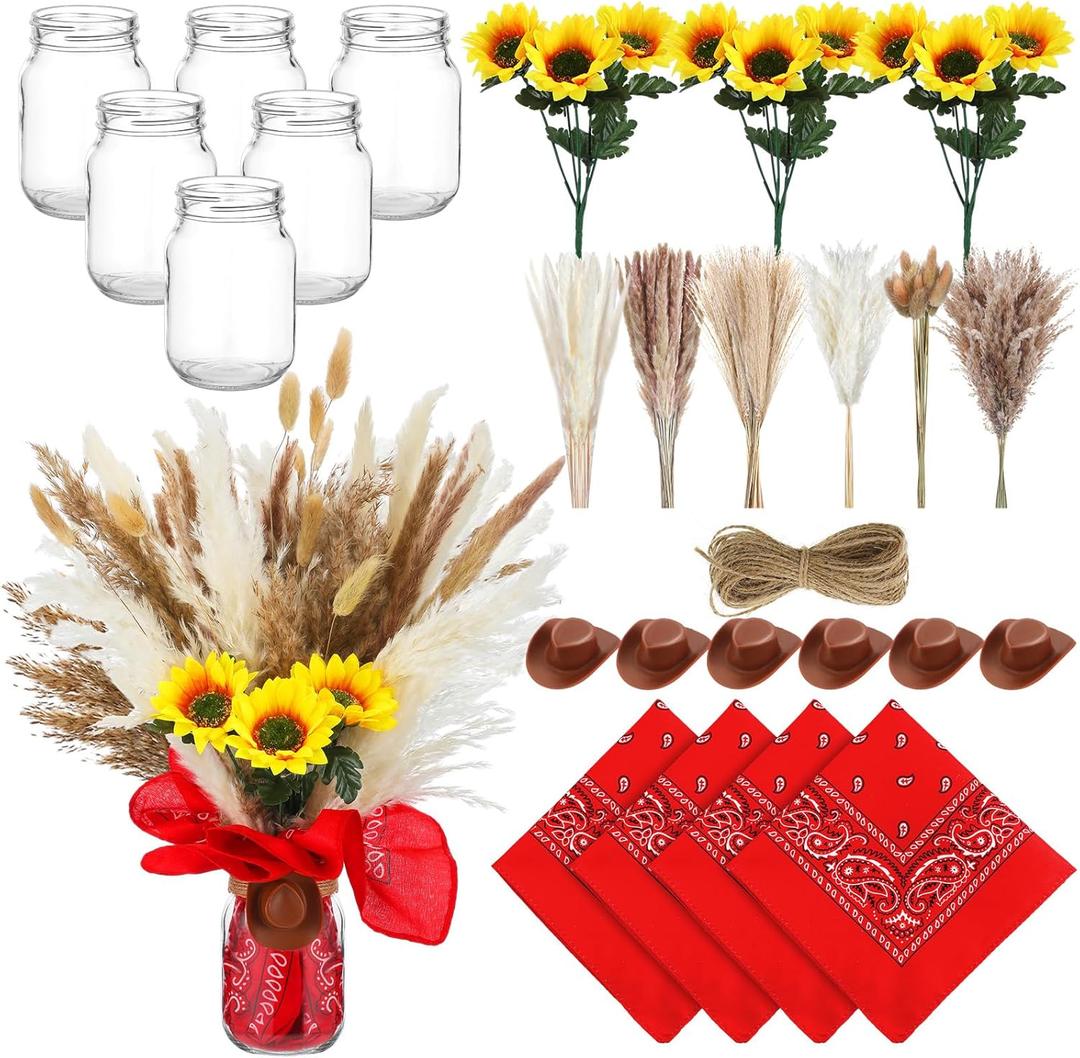135 Pcs Western Cowboy Table Centerpieces Cowgirl Rodeo Party Decor with Mason Jar Bandannas Mini Hat Sunflowers Pampas for Cowboy Cowgirl Baby Shower Birthday Wedding Party Decor(Red)