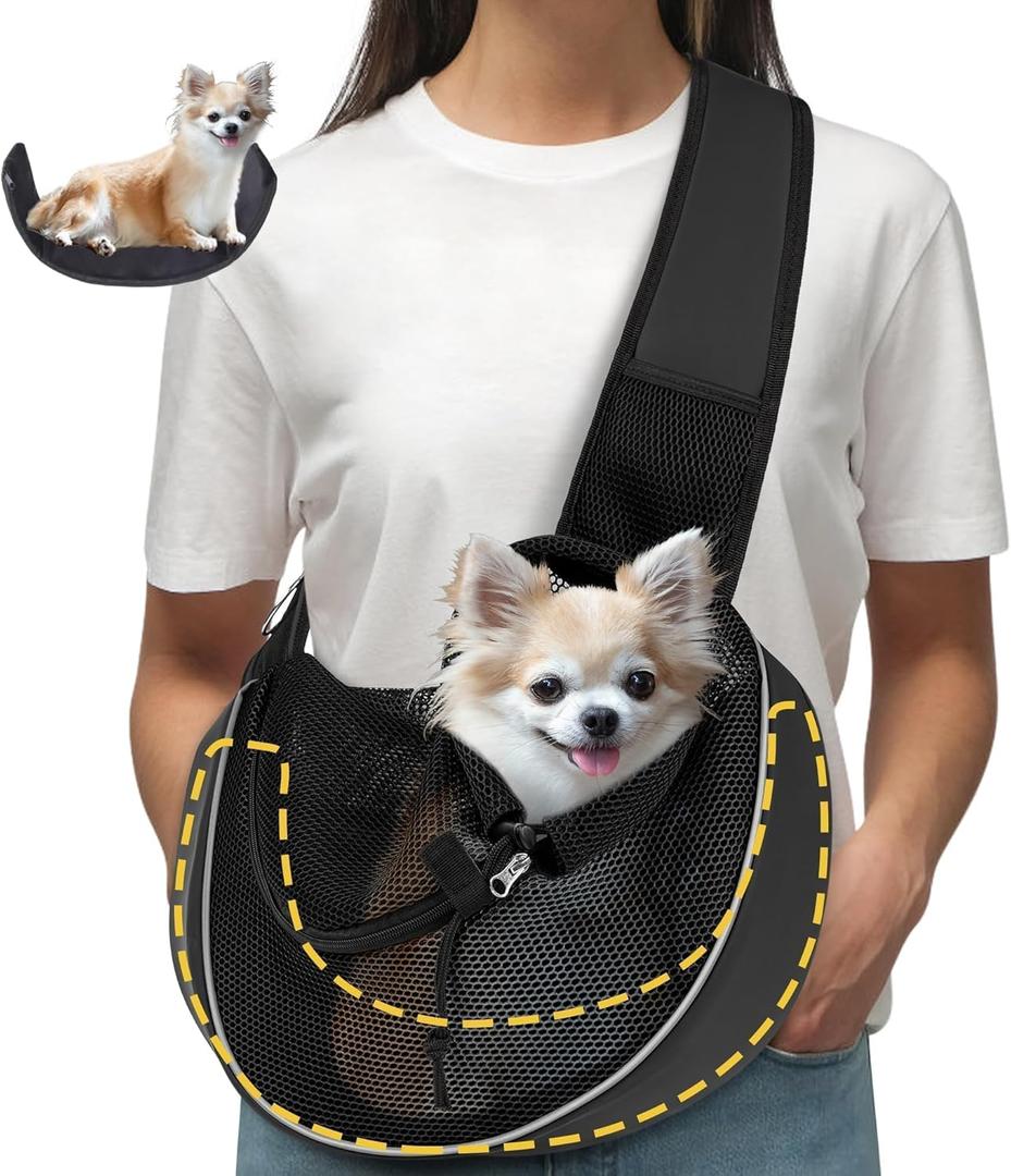 Upgraded Breathable Mesh Dog Sling Carrier for Small Dogs & Cats Up to 10 lbs- Detachable Hard Bottom, Adjustable Strap & Large Pocket - Hands-Free Pet Carrier for Travel Walking Hiking (Black Size S)