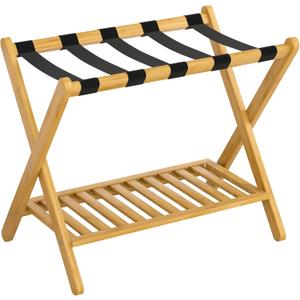 Forevich Luggage Rack Bamboo Luggage Stand With Shelf Folding Suitcase Stand Luggage Holder For Living Room Guest Room Hotel Essentials Storage Heavy-Duty For Suitcases Shoes Natural