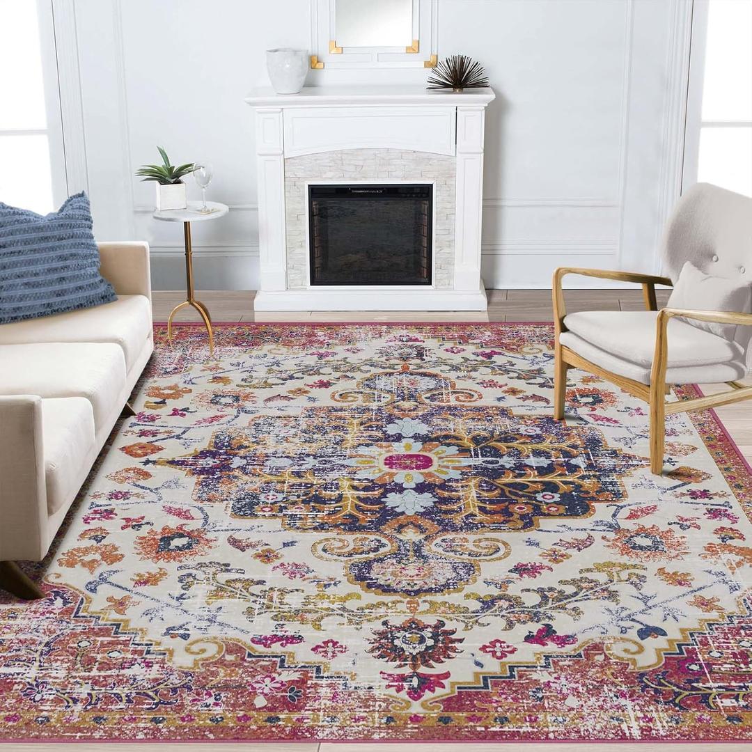 8x10 Washable Area Rug, Low-Profile Large Area Rug with Non-Slip Backing & Durable Edge Binding, Vintage Large Rugs for Living Room, Bedroom, Dinning Room