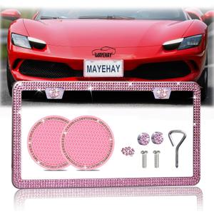 Pink License Plate Frame 1 Pack Bling License Plate Frames for Women Diamond License Plate Cover Bedazzled License Plate Holder Pink Sparkly Accessories for Car with Bling Cup Coasters