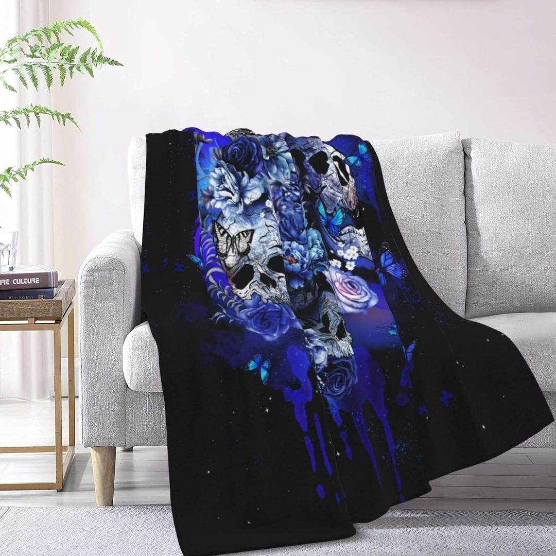 Blue Flower Butterfly Sugar Skull Fleece Throw Blanket  Soft Warm Lightweight Blanket for Women & Men Boys Girls Pets Cozy Couch, Bed, Travel, Airplane, Car Blanket Gift 50"x40"