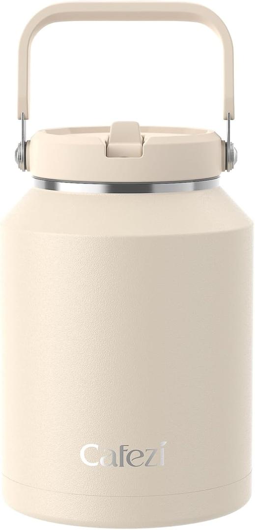 64oz Insulated Water Bottle, Stainless Steel Water Bottles with Flip Straw and Top Handle, Leak Proof, Iced for 34 Hours, 64 oz Tumbler (Cream)