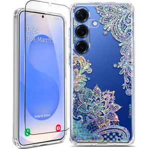 Coolwee Clear Glitter for Samsung Galaxy S25 Plus Case 6.7 inch, Shockproof Thin Flower Slim Cute Crystal Lace Bling Women Hard Back Soft TPU Bumper Protective Cover for Samsung S25 Plus Mandala Henna