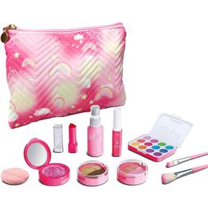 Pretend Makeup Kit for Girls, 11 Pcs Kids Cosmetic Pretend Play Beauty Make Up Set, Not Real Eye Shadow Blush Palette Lipstick wit Hand Bag, Pink