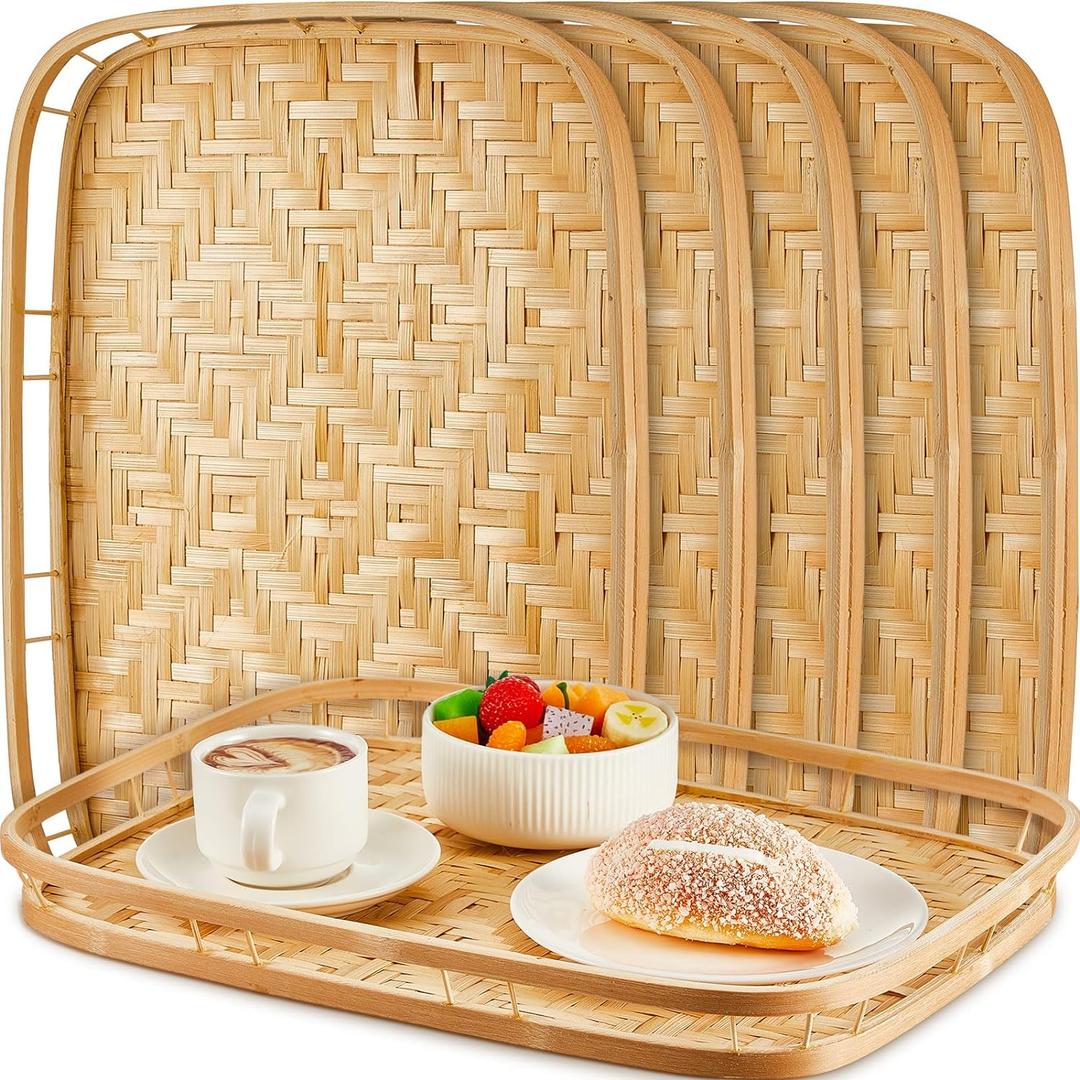 6 Pcs Bamboo Wicker Serving Trays 16.93 x 13 x 1.57 Inch Hand Woven Lap Trays for Eating Rectangular Flat Baskets Trays Decorative Bedroom Bed Tray for Eating Dinner Tray Fruit Snack Holder