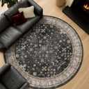 Black Boho Living Room Circle Rug 6ft - Washable Dark Vintage Moody Low Pile Non Slip Round Carpet for Bedroom, Dinning Room, Office, Farmhouse, Circular Area Rug Indoor Dcor (Ashen / Multi)