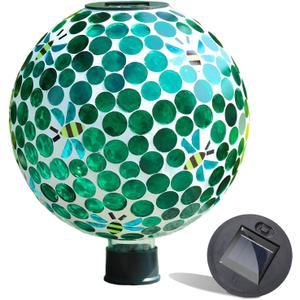 VCUTEKA Solar Gazing Ball, Mosaic Glass Gazing Balls Sphere with Solar Light for Garden Lawn Outdoor Ornament Yard Decorative, 10" (Dark Green)