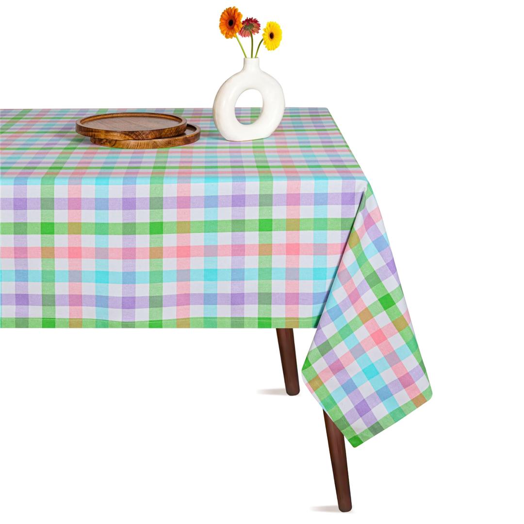 HEIRLOOM COMFORT Multi Color Check Table Cloth, 100% Cotton, 60x102 Inch, Fits 8-10 Seats, Soft, Durable, Washable, Wrinkle Resistant, Rectangle Table Cover for Dining, Holiday Celebrations, Dinner