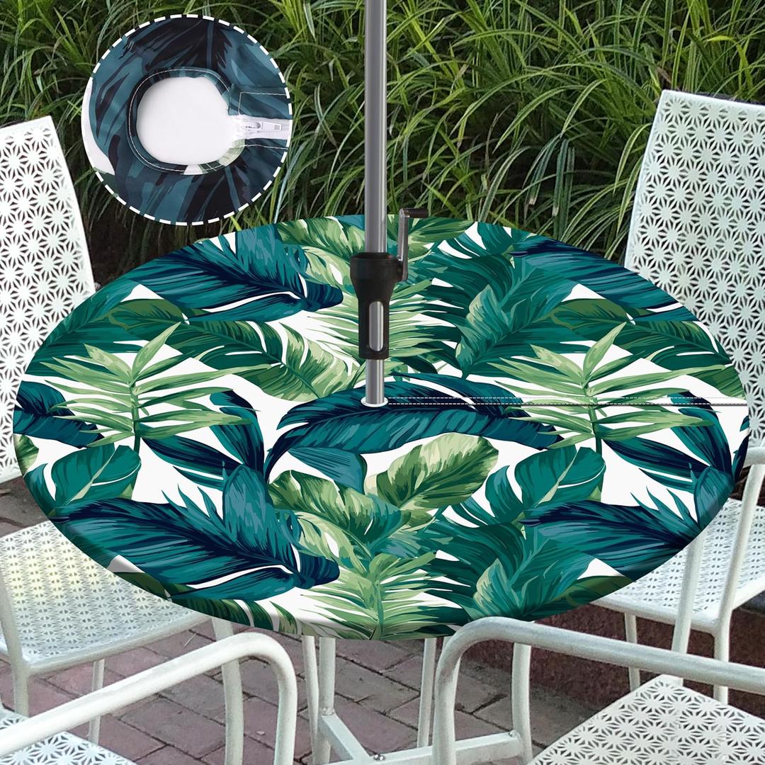 Round Outdoor Tablecloth with Umbrella Hole Zippered Fitted Tablecloth with Elastic Palm Leaves Table Cloth Cover for Picnic Party Patio Fits 40-44" Diameter Round Tables