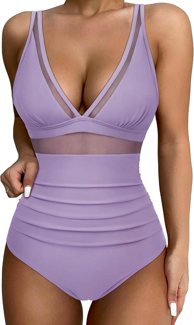 SUUKSESS Women Sexy Mesh Tummy Control Swimsuit Push Up High Waisted Bathing Suit (XX-Large, 10 Light Purple)