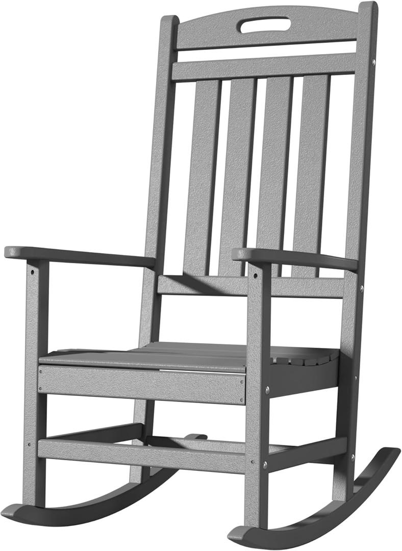 Outdoor Rocking Chair, All-Weather Resistant Poly Lumber Rocker Chair Outdoor, High Back Plastic Patio Rocking Chairs for Outside Porch Rocker Garden Lawn, Slate Grey (1 Pack)