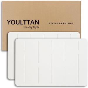 Home Bath Stone Mat 24"x16" (2-Pack)  Quick-Dry, Non-Slip Diatomaceous Earth Mat, Stylish & Absorbent, White Straight