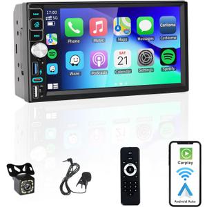 Double Din Car Stereo Bluetooth Compatible with [Wireless] Apple CarPlay/Android Auto 7 Touchscreen AM/FM Radio Type-C USB (2.1A Fast Charge) Backup Camera