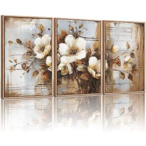YCJKJDZ Framed Dark Floral Canvas Wall Art Set of 3, Neutral Fall Plant Bohemian Vintage Moody Flower Wall Decor Artwork for Farmhouse Bedroom Living Room Office, 20x30 inches, 20"x30" Framed Nature