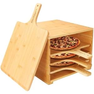 RICOJYCX Multilayer Bamboo Pizza Peel Rack, Contain 4 x 12 Inch Non-Stick Bamboo Pizza Boards, Pizza Paddle Stand for Easy Storage and Baking Multiple Pizzas and Bread
