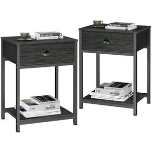Furologee Nightstands Set of 2, Industrial End Table with Fabric Drawer&Storage Shelf, Small Bedside Table Organizer for Small Space for Living Room, Tall 23.6" Night Stand for Bedroom, Black Oak
