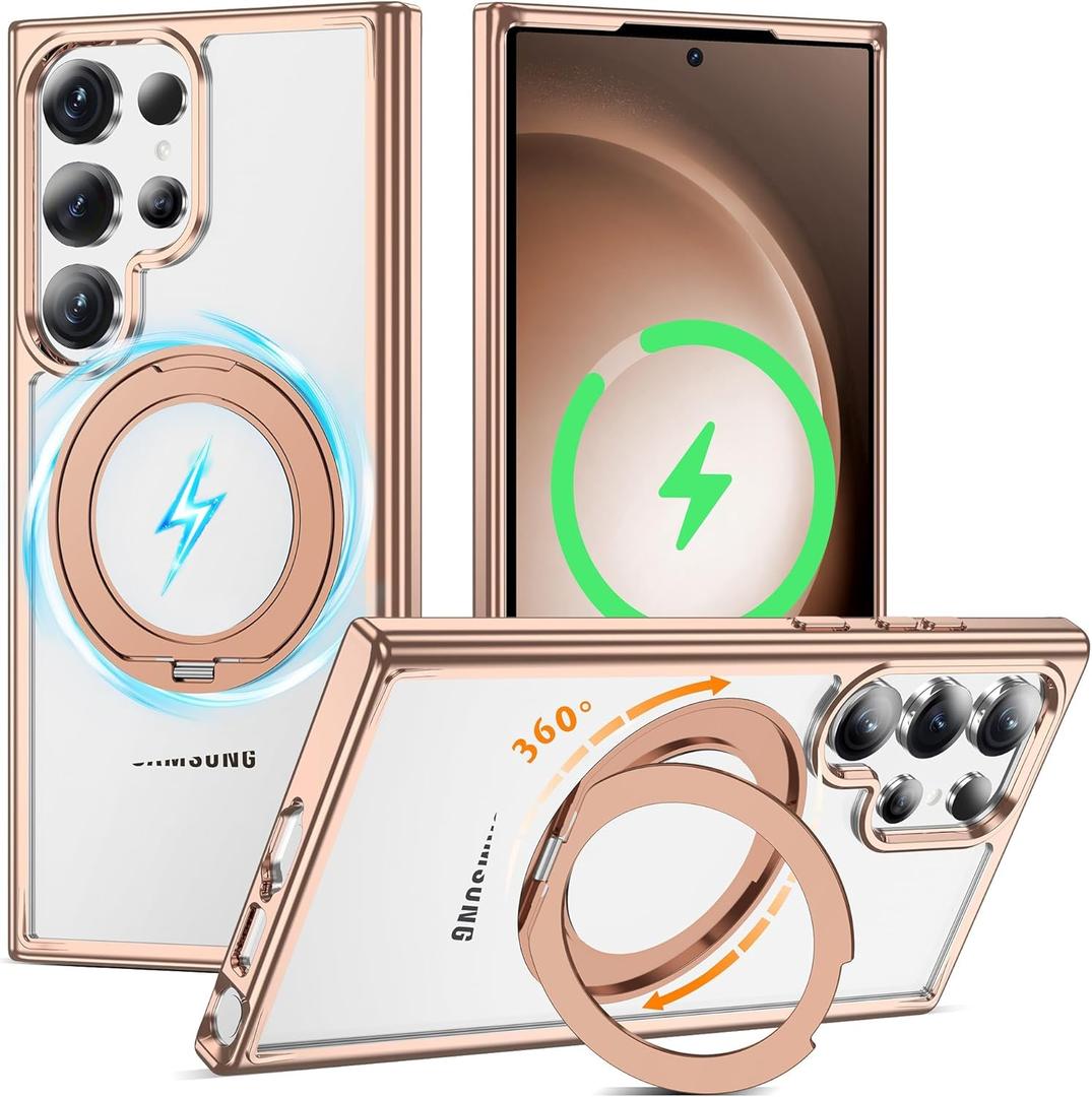 Compatible with Clear Samsung Galaxy S23 Ultra Case with 360 Invisible Magnetic Stand [Compatible with Mag-Safe] Shockproof Plating Phone Case for S23 Ultra 6.8'',Desert Gold