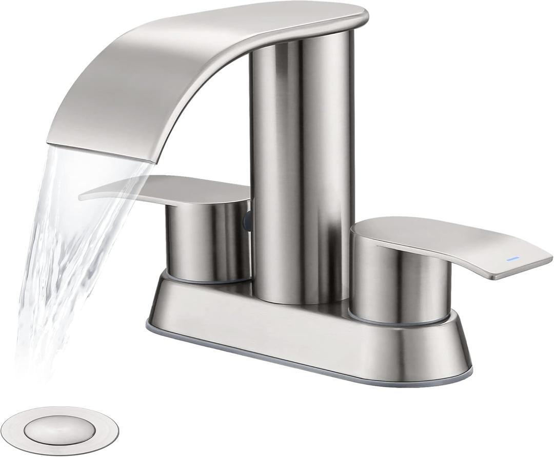 Ultimate Unicorn Waterfall Bathroom Sink Faucet Brushed Nickel, Two Handles Bathroom Faucet with Metal Pop up Sink Drain Stopper, Two Or 3 Holes Bathroom Basin Mixer Tap with Deck Mount Plate (4 Inch)